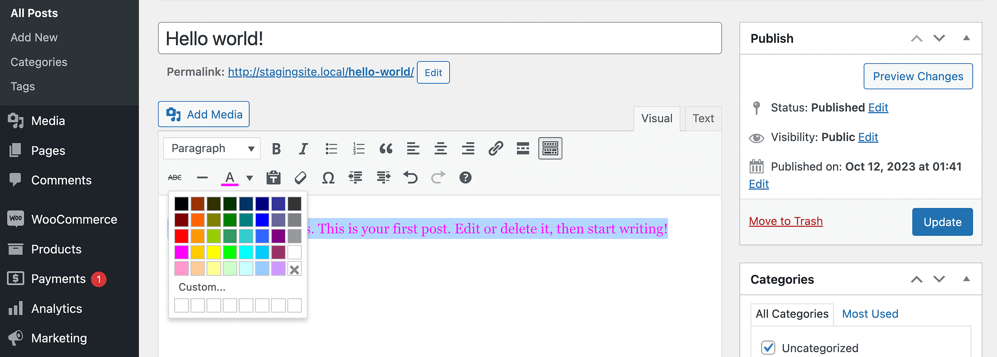 How to change font color in WordPress classic editor.