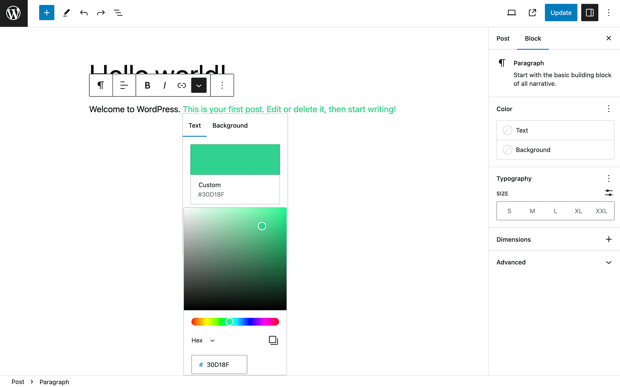 Choosing a text color from the WordPress color picker.