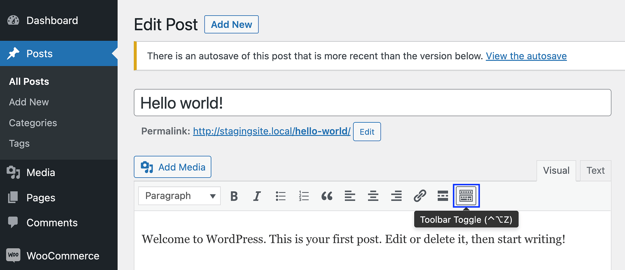 Open Toolbar Toggle in the classic editor.